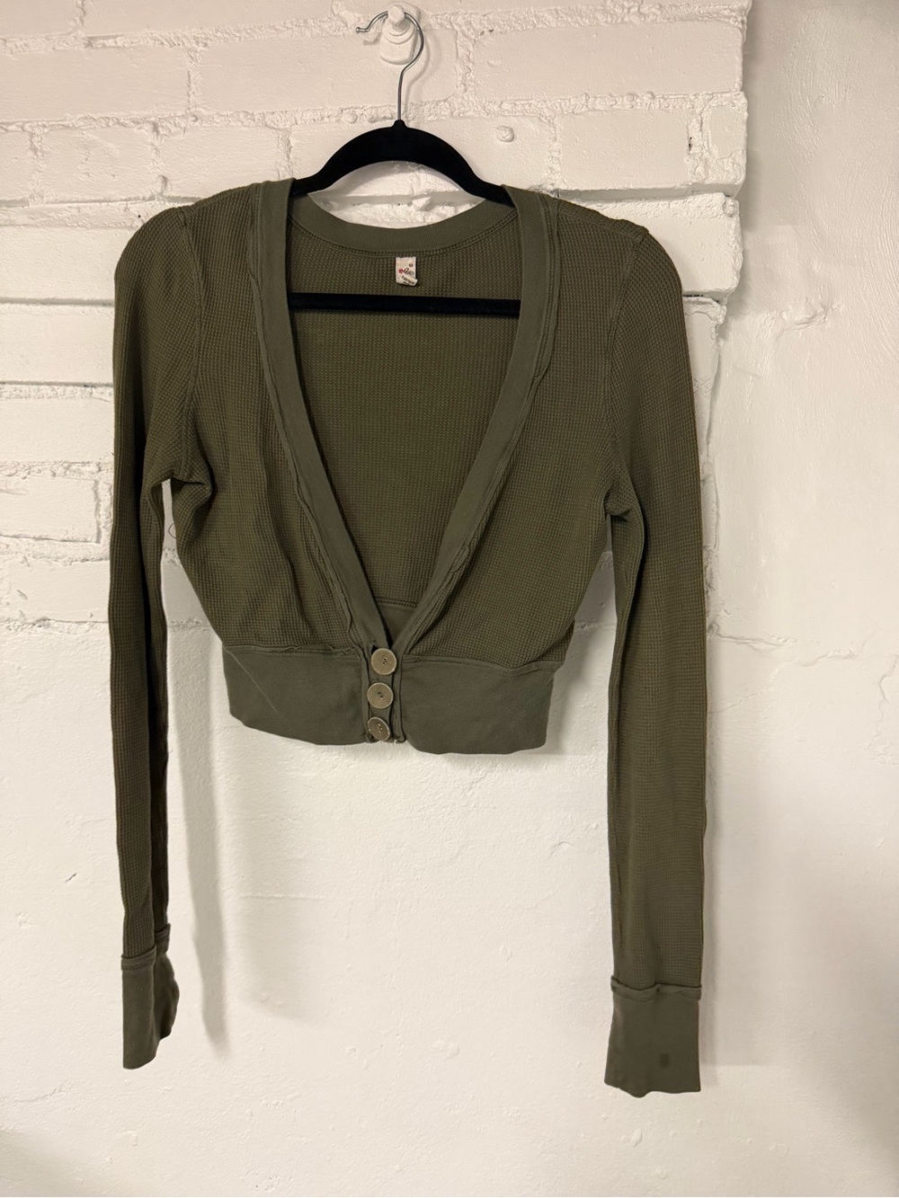 Joie Olive Green Waffle Knit Cropped Button-Waist Long Sleeve Shrug Cardigan